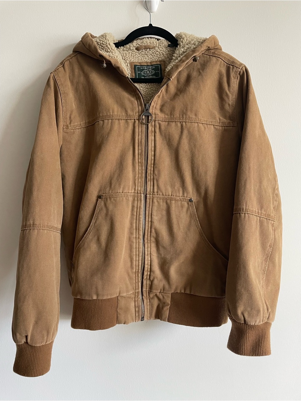 GH Bass canvas heavy workwear streetwear bomber jacket hood sherpa lined M